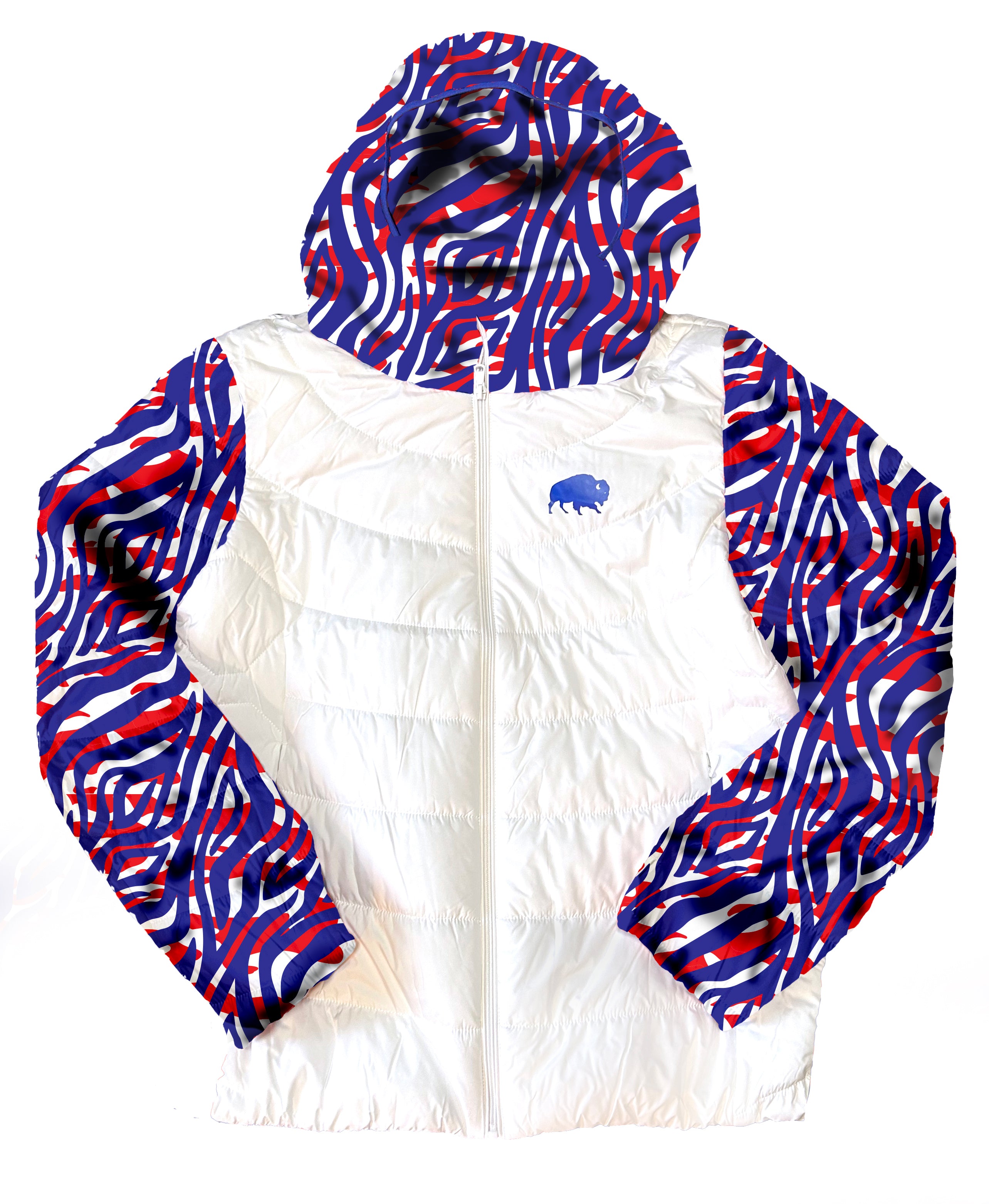 Red white and blue puffer jacket women's on sale